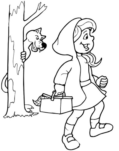 Online coloring book: Coloring page wolf is watching little red riding hood